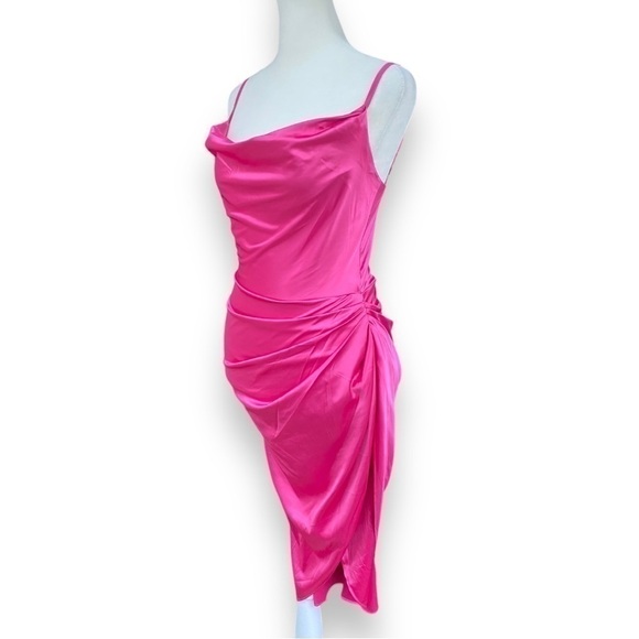 New HTZMO Fuchsia Ruched Cowl Neck Satin Midi Dress Size Extra Small - Picture 5 of 16
